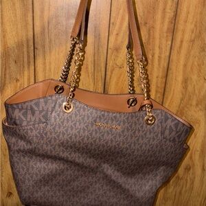 Michael Kors Brown Signature Tote with Tan Trim and Gold Chain Handles